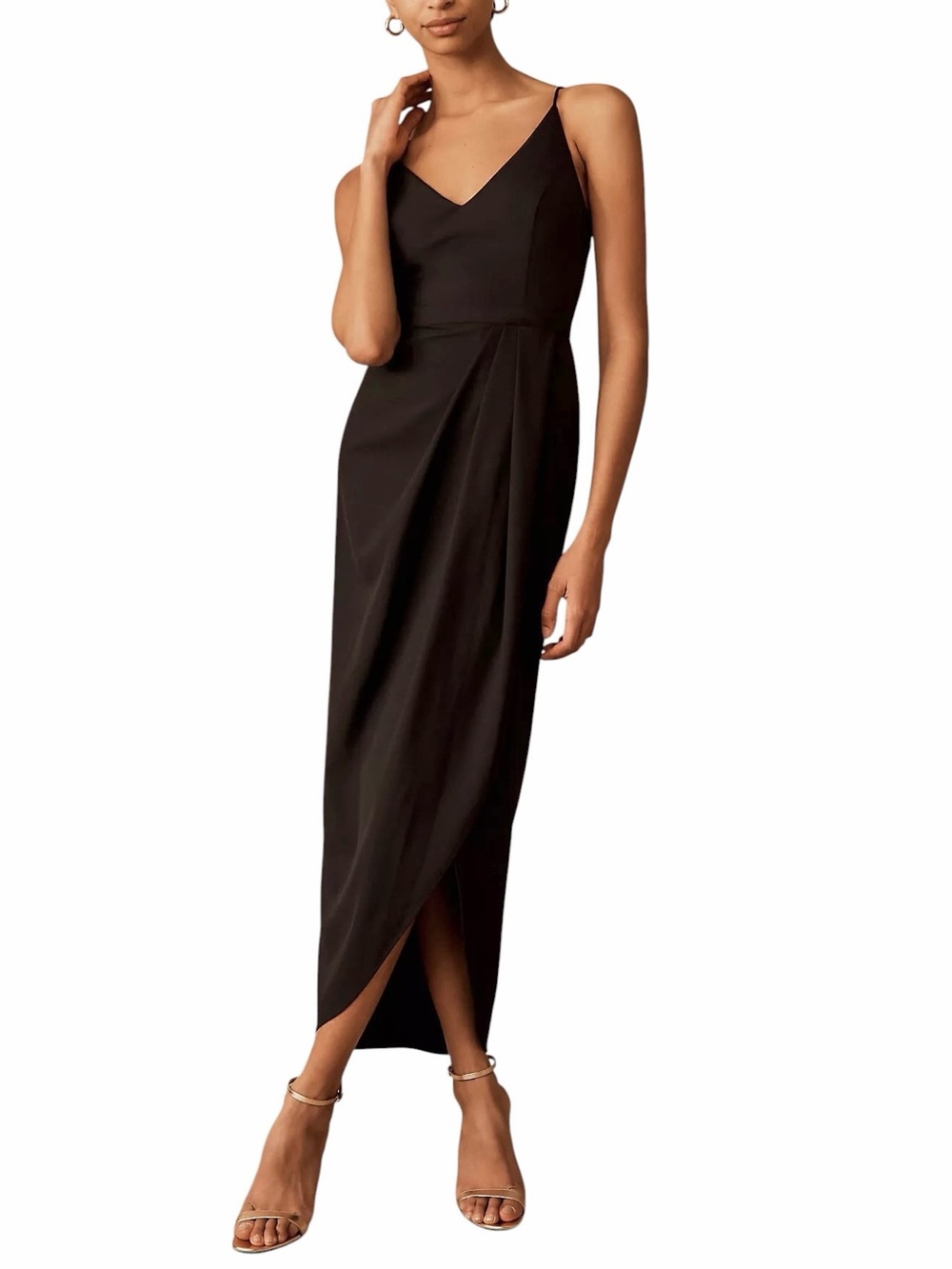 BHLDN Anabela V-Neck Faux-Wrap Tulip Midi Dress Black Crepe Formal Cocktail Sz 0